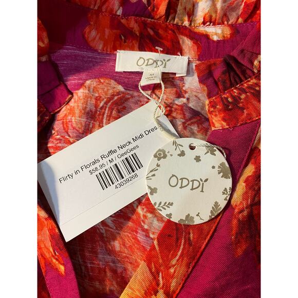 NWT ODDY Flirty Floral Ruffle Neck Midi Dress MEDIUM Flowy Balloon Sleeves NEW - Picture 7 of 8